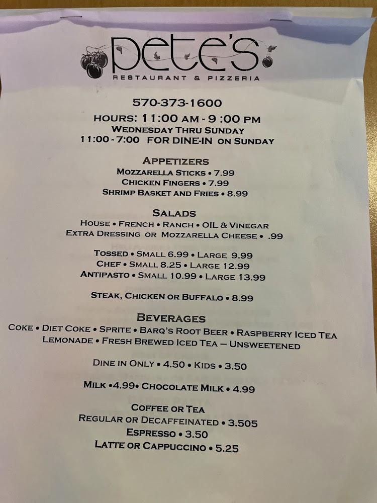 Pete's Restaurant & Pizzeria Menu image 1